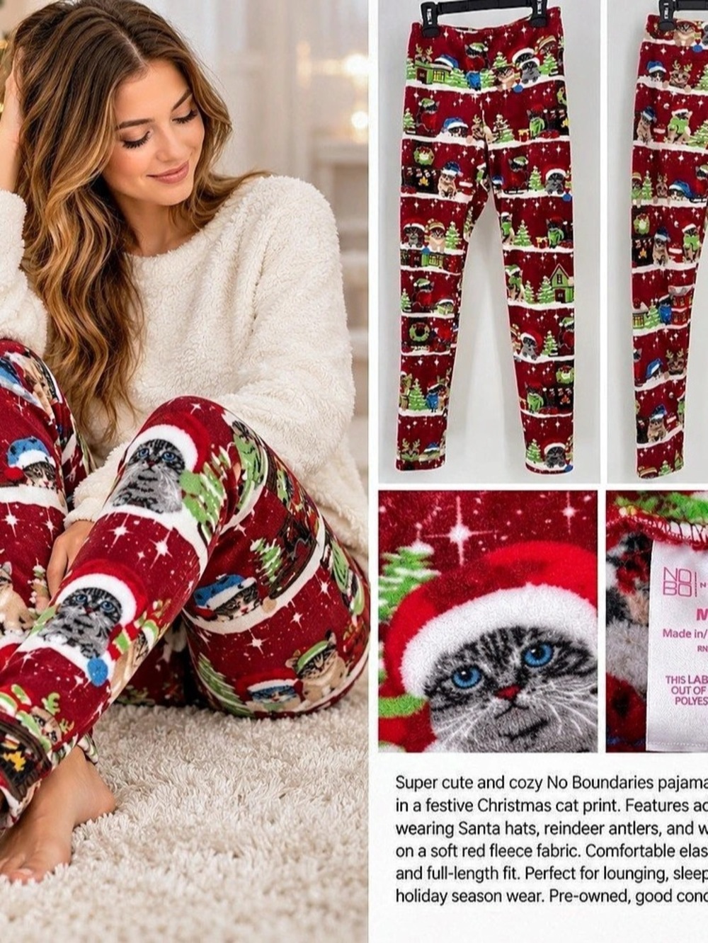 No Boundaries Christmas Cat Fleece Pajama Leggings Medium